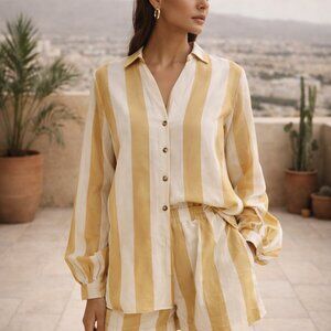 Never Fully Dressed Miley Shirt | Camel Stripe | US 22 (to 24) | Relaxed Fit